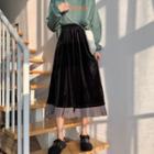 Color-block Velvet Pleated Skirt Black - One Size