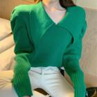 Long-sleeve Collared Plain Knit Top Green - One Size