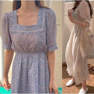 Flower Print Square-neck Short-sleeve Midi A-line Dress