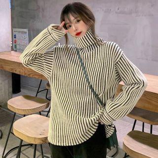 Striped Turtle Neck Sweater White - One Size
