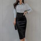 Set: Plain Shirt + High Waist Faux Leather Midi Pencil Skirt