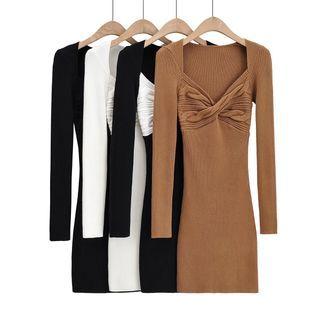 Long-sleeve V-neck Twist Knit Bodycon Dress