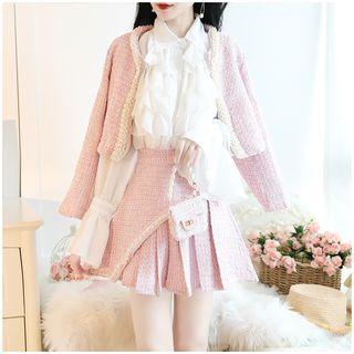 Set: Beaded Jacket + Ruffled Plain Shirt + A-line Skirt