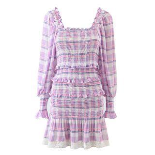 Lantern-sleeve Ruffled Plaid Mini Sheath Dress