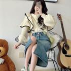 Contrast Trim Ruffled Sweater / High Waist Slit-front Denim Midi Skirt
