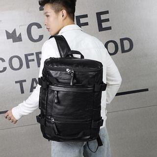Faux Leather Side Buckles Backpack Black - One Size