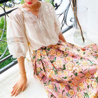 Elbow-sleeve Sheer Blouse / Floral A-line Midi Skirt