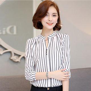 Pinstriped V-neck Chiffon Blouse