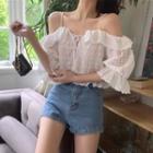 3/4-sleeve Cold Shoulder Lace Cropped Top White - One Size