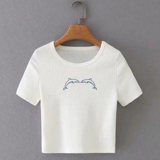 Short-sleeve Dolphin Embroidery T-shirt