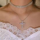 Rhinestone Cross Pendant Layered Choker Necklace