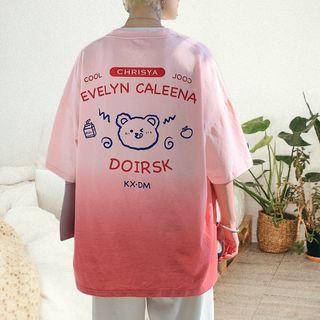 Elbow-sleeve Graphic Print Gradient T-shirt