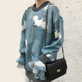 Mesh Panel Crane Print Pullover Dress
