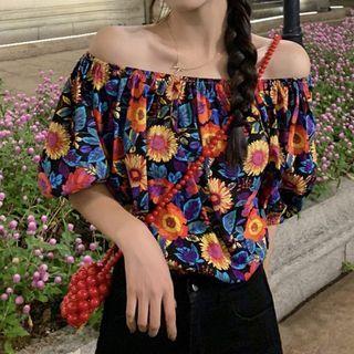 Off-shoulder Floral Blouse Flowers - Black - One Size