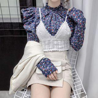 Set: Long-sleeve Floral Print Mock-neck Top + Knit Camisole Top