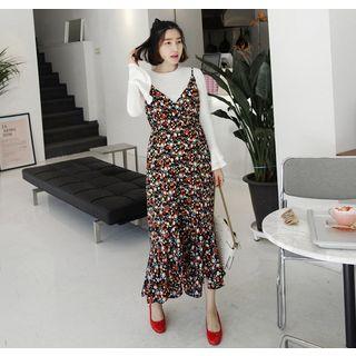 Spaghetti-strap Ruffle-hem Floral Long Dress