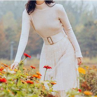 Long-sleeve Mock Neck Mesh Overlay Midi Knit Dress Off-white - One Size