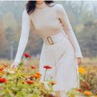 Long-sleeve Mock Neck Mesh Overlay Midi Knit Dress Off-white - One Size