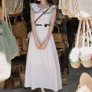 Cap-sleeve Wide-collar A-line Midi Dress