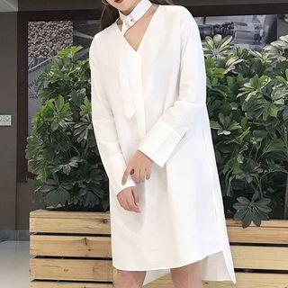 Plain V-neck Long Sleeve Dress With Choker