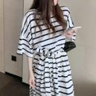 Set: Elbow-sleeve Striped Midi Dress + Belt
