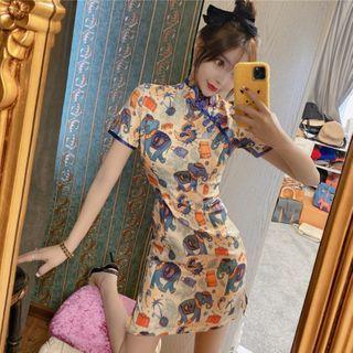 Short-sleeve Elephant Print Qipao Dress