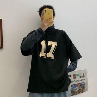 Mock Two-piece Numbering Long-sleeve T-shirt