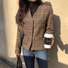 Collarless Checked Wool Blend Jacket