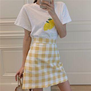 Set: Lemon Short-sleeve T-shirt + Plaid A-line Skirt