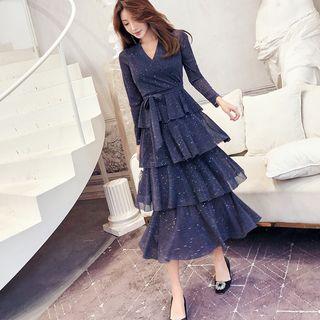 V-neck Long-sleeve Midi Tiered A-line Dress