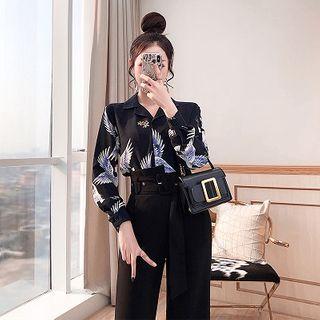 Set: Crane Print Shirt + Belted Wide Leg Pants