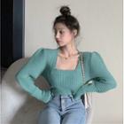 Square-neck Puff-sleeve Cropped Sweater