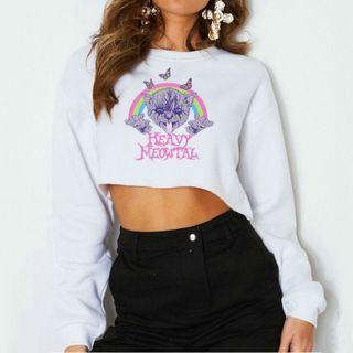 Cartoon Cat Print Cropped Sweatshirt