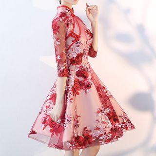 Elbow-sleeve Embroidered Mandarin Collar Mini Prom Dress