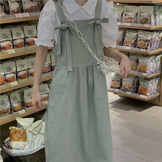 Puff-sleeve Ruffle Shirt / Bow Accent Midi Overall Dress
