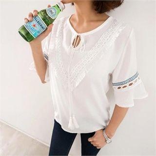 Elbow-sleeve Tie-front Tasseled Top