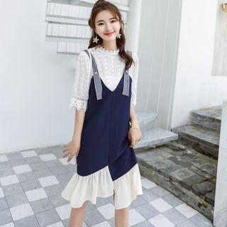Set: Lace Elbow Sleeve Blouse + Color Panel Pinafore Dress