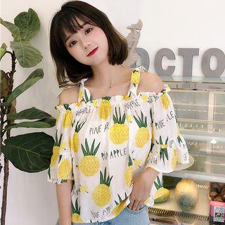 Pineapple Print Cold-shoulder Blouse