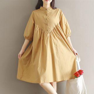 Elbow Sleeve Plain Buttoned Midi Dress