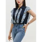 Flutter-sleeve Pattern-panel Blouse Navy Blue - One Size