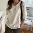 Elbow-sleeve Plain T-shirt Ivory - One Size