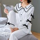 Loungewear Set : Long-sleeve Layered Collar Bow Shirt + Pants