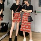 Short-sleeve T-shirt / Lettering A-line Skirt / Plaid Midi A-line Skirt / Set