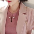 Notched-lapel Faux-pearl Long Jacket