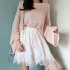 Bell Sleeve Light Knit Top/elasticized Waist Lace Skirt