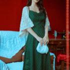 Spaghetti Strap Patterned Midi A-line Dress / Lace Jacket