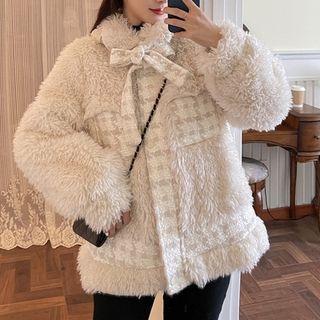 Ribbon Fluffy Jacket Beige - One Size