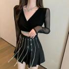 Sheer Long-sleeve Top / Pleated A-line Skirt