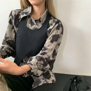 Long-sleeve Tie-dye Loose-fit Shirt / Plain Vest