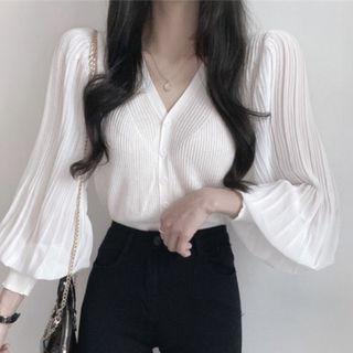 Lantern Sleeve Chiffon Panel Blouse